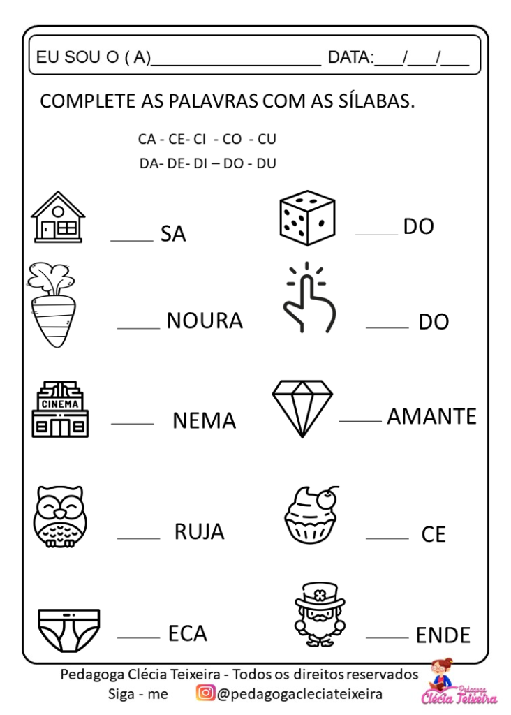 Atividades sílabas simples para educação Clécia Teixeira