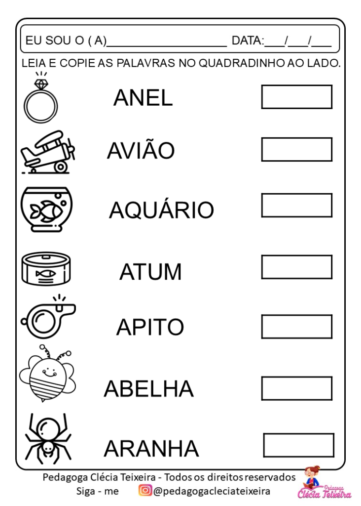 Atividade de alfabetização:leitura de A A Z